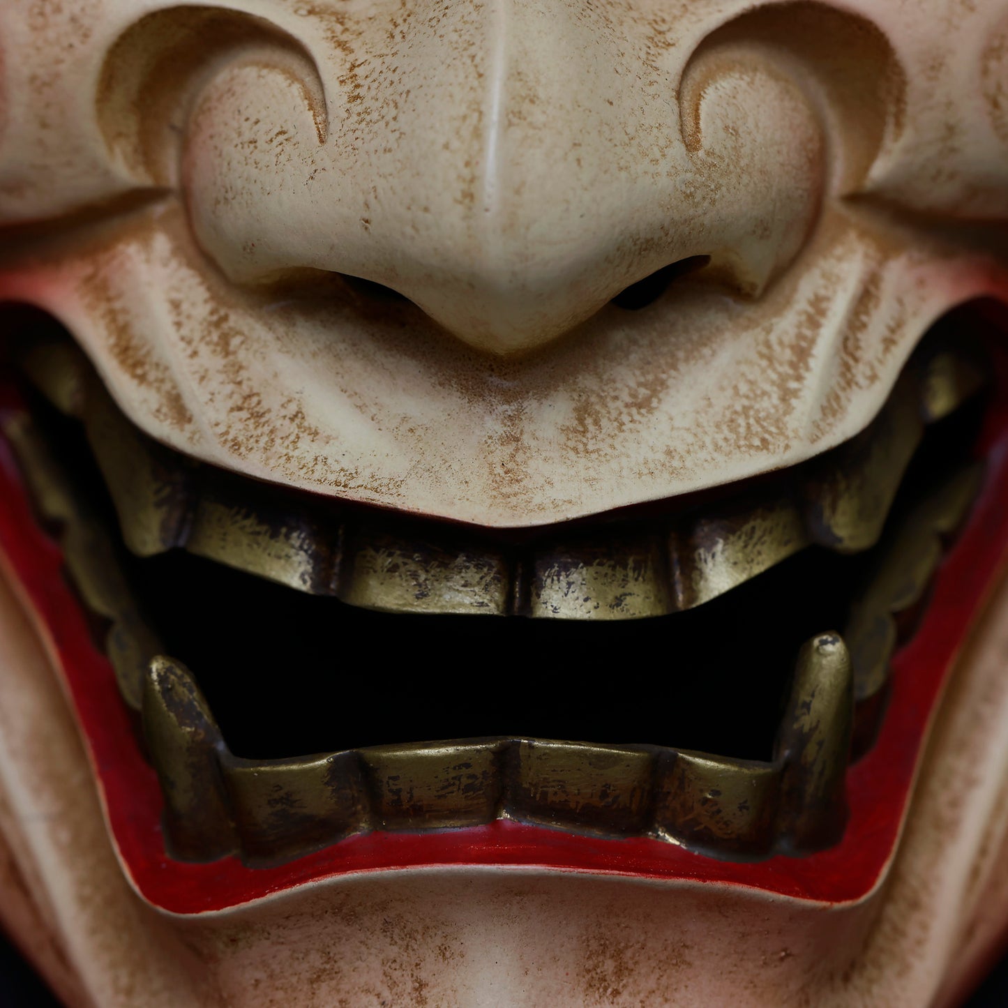 White Traditional Hannya Mask close up on the mouth